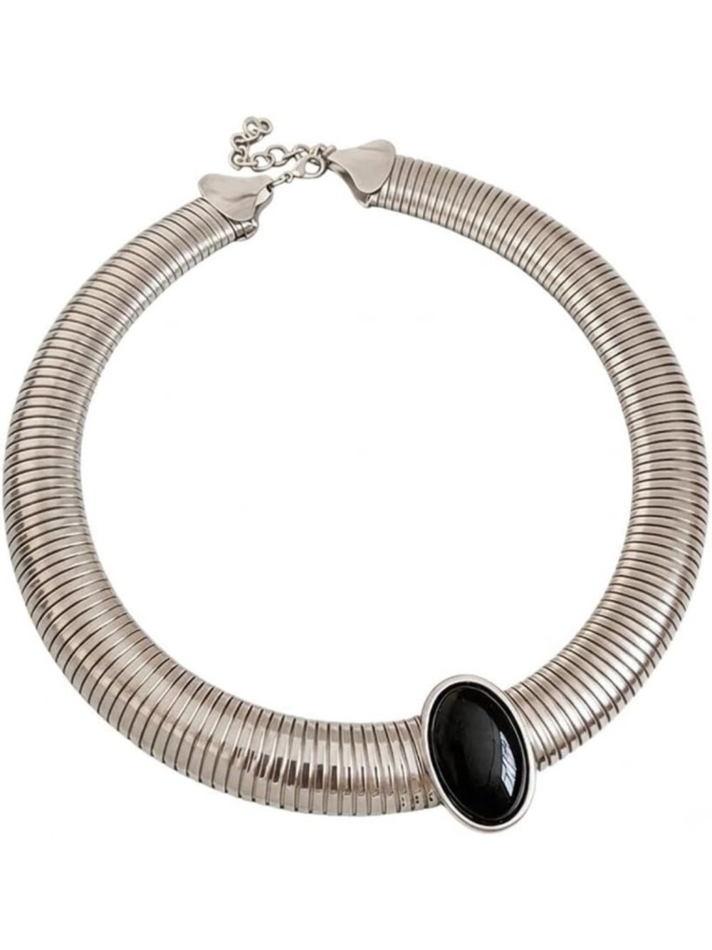 Chunky Oval Stone Bib Necklace with Snake Bone Metal Chain - Statement Choker